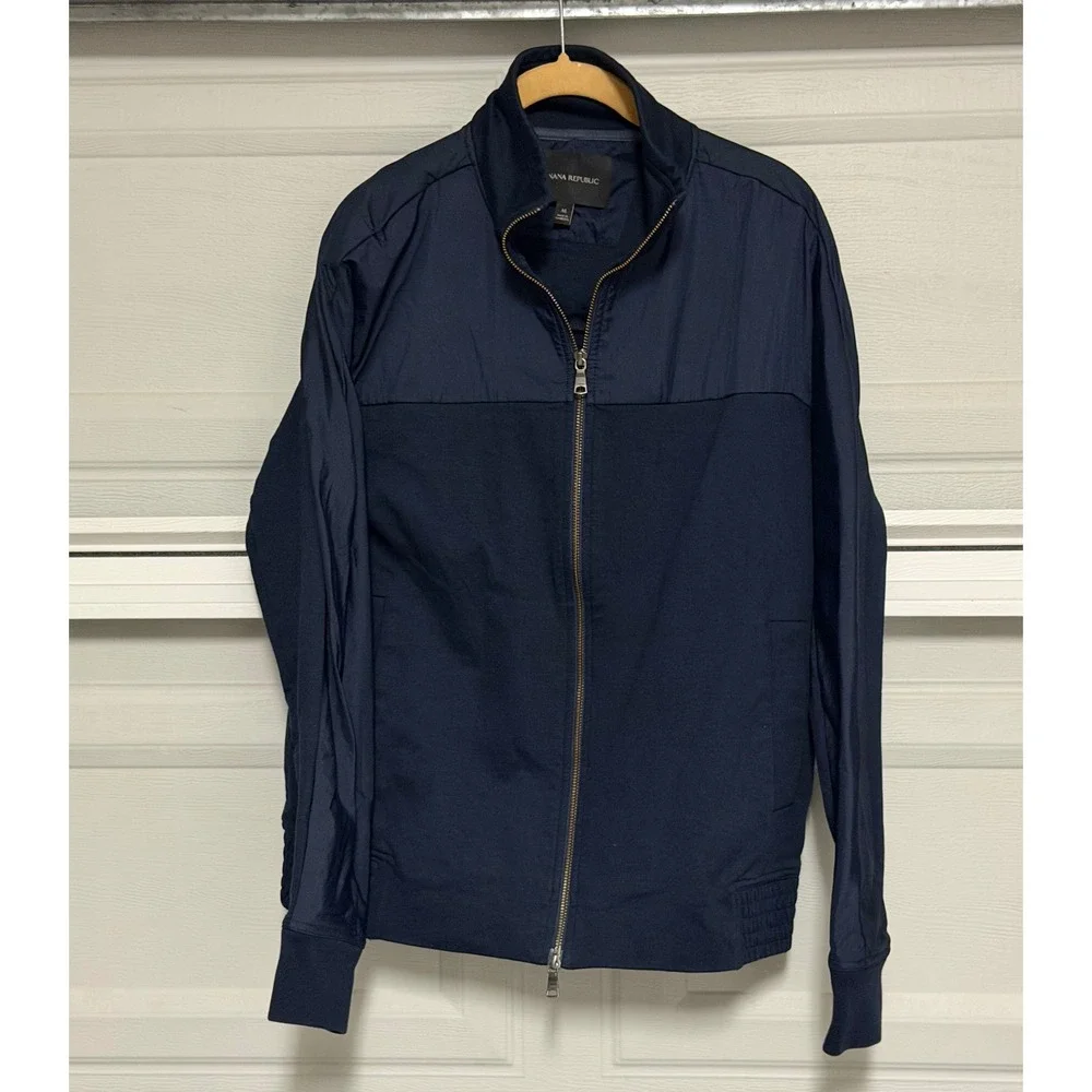 Banana Republic Mens Med Mixed Media Bomber Jacket Navy Blue Full Zip Preppy EUC